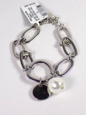 Alfani Line Bracelet Rhodium Silver-tone Pearl Charm Links Adjustable 7" +1"ext